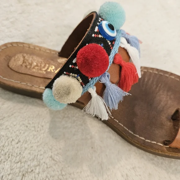 Brown Leather Pom Pom Sandals Colorful Size 9 Bohemian Tassel Western Summer - Picture 5 of 10